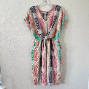 Lou & Grey For Loft Striped Geo Tie-Waist Pocket Midi Dress